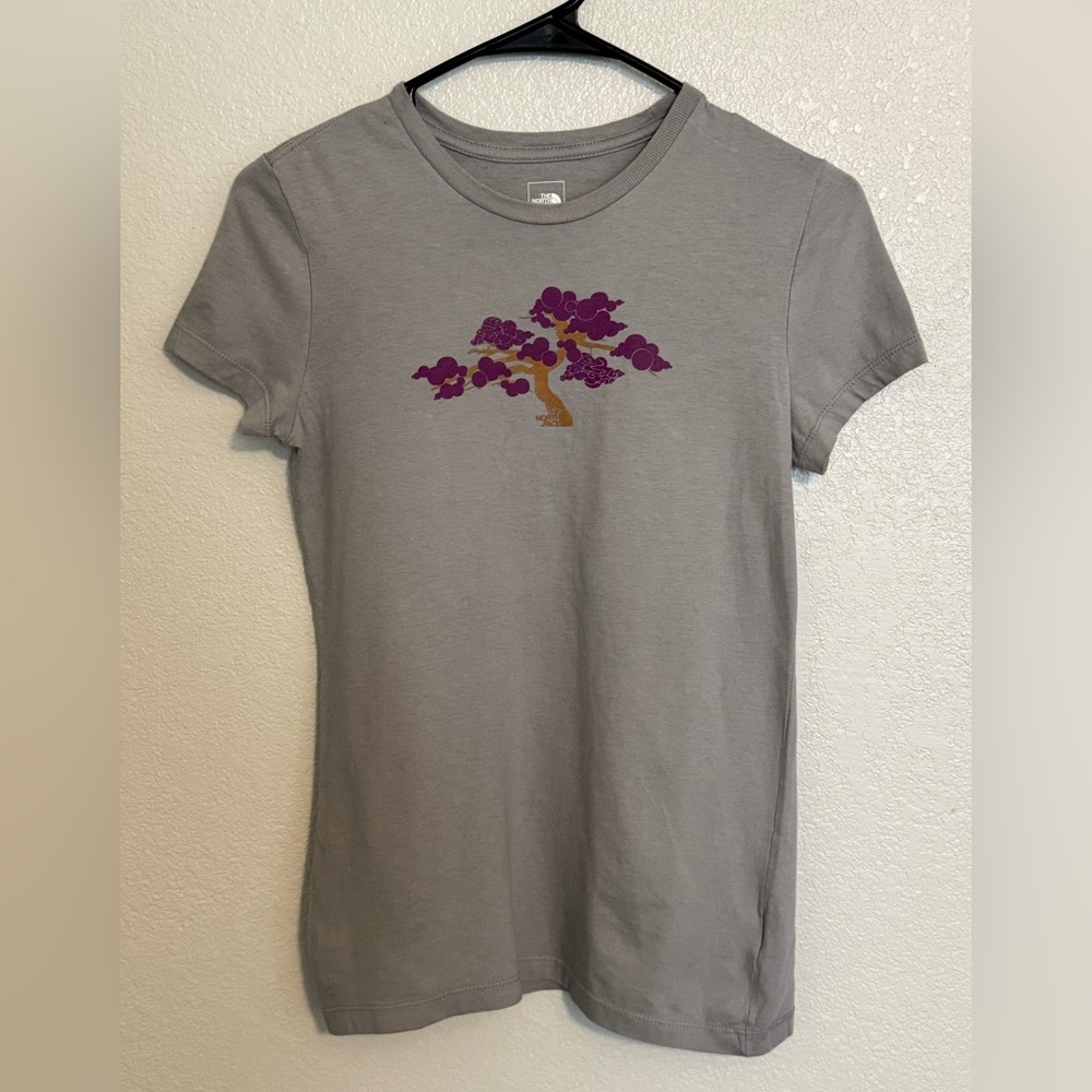 The North Face Gray Tee with Purple Logo Tree Design